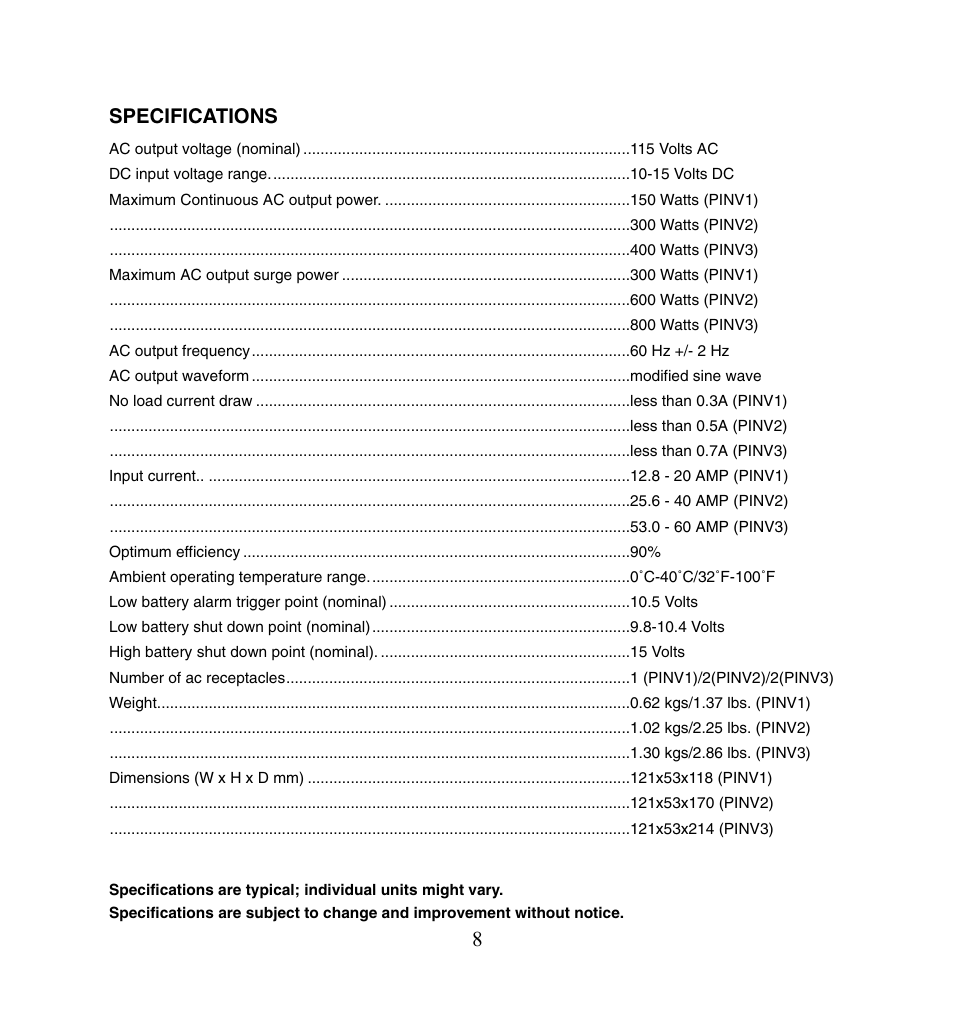 Specifications | PYLE Audio PLINV3 User Manual | Page 9 / 9