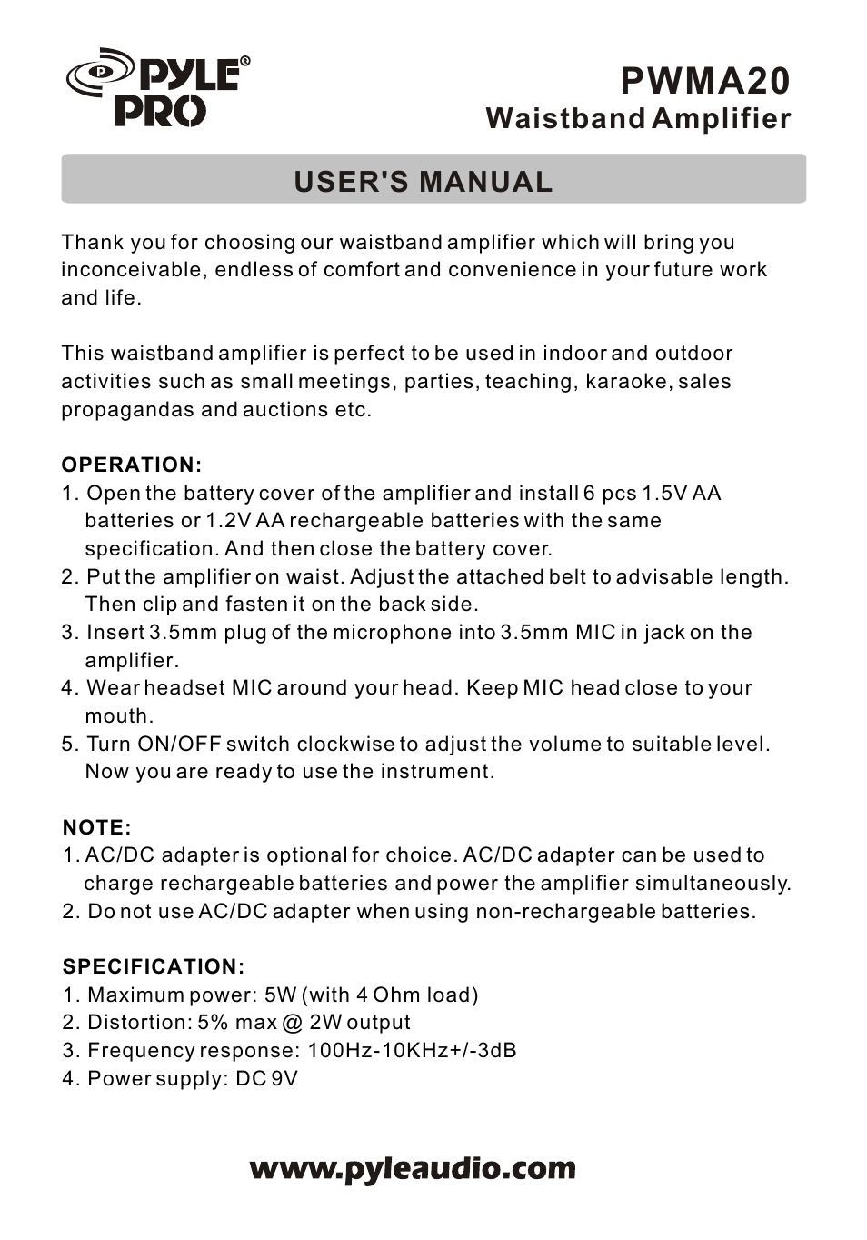 PYLE Audio Waistband Amplifier PWMA20 User Manual | 1 page