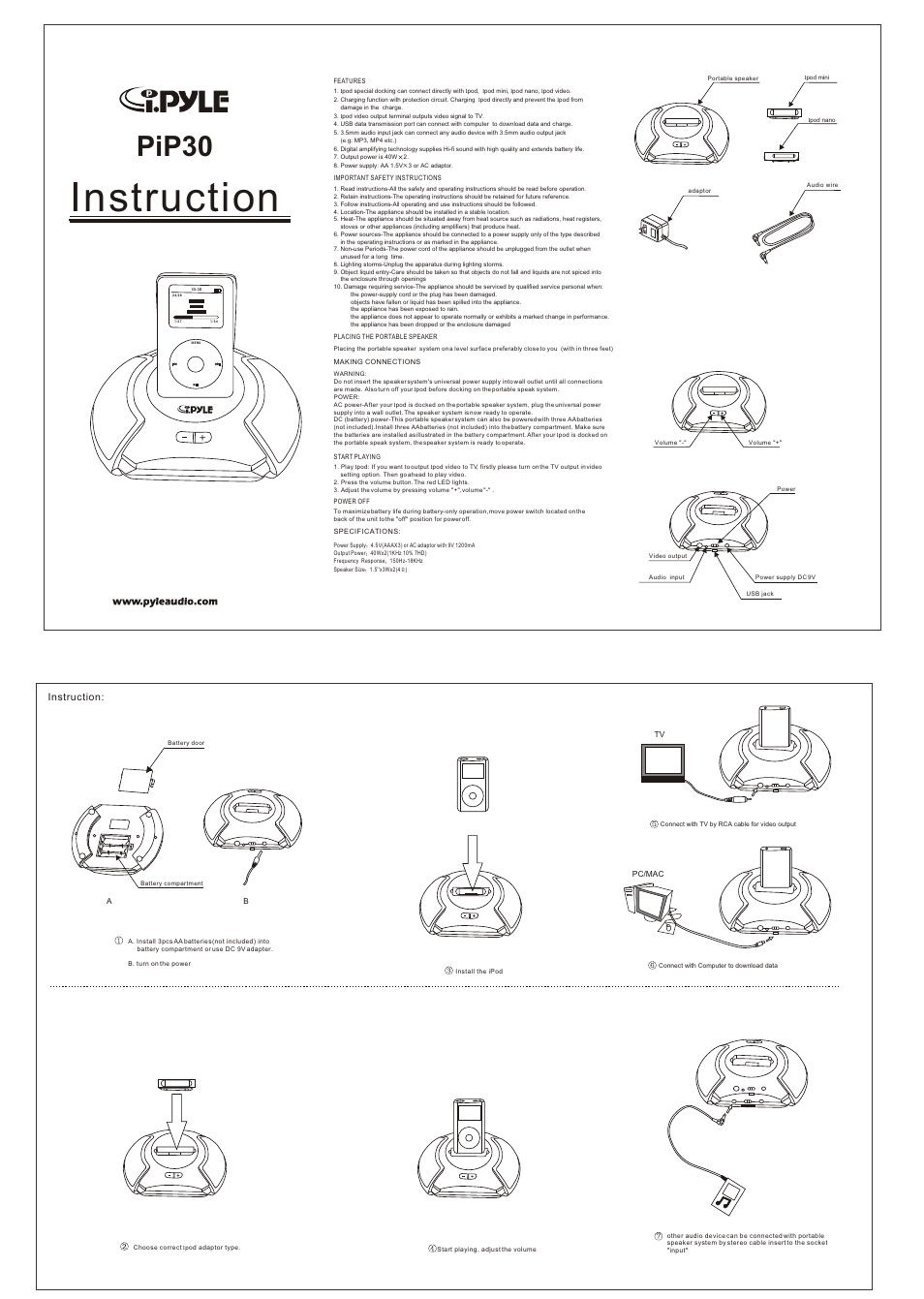 PYLE Audio PIP30 User Manual | 1 page