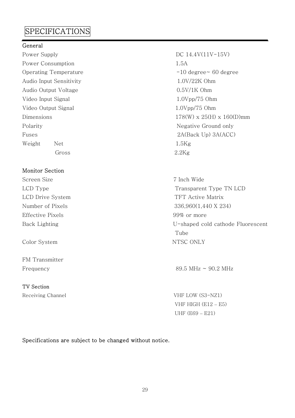 Specifications | PYLE Audio PLTV7.5DIN User Manual | Page 29 / 31
