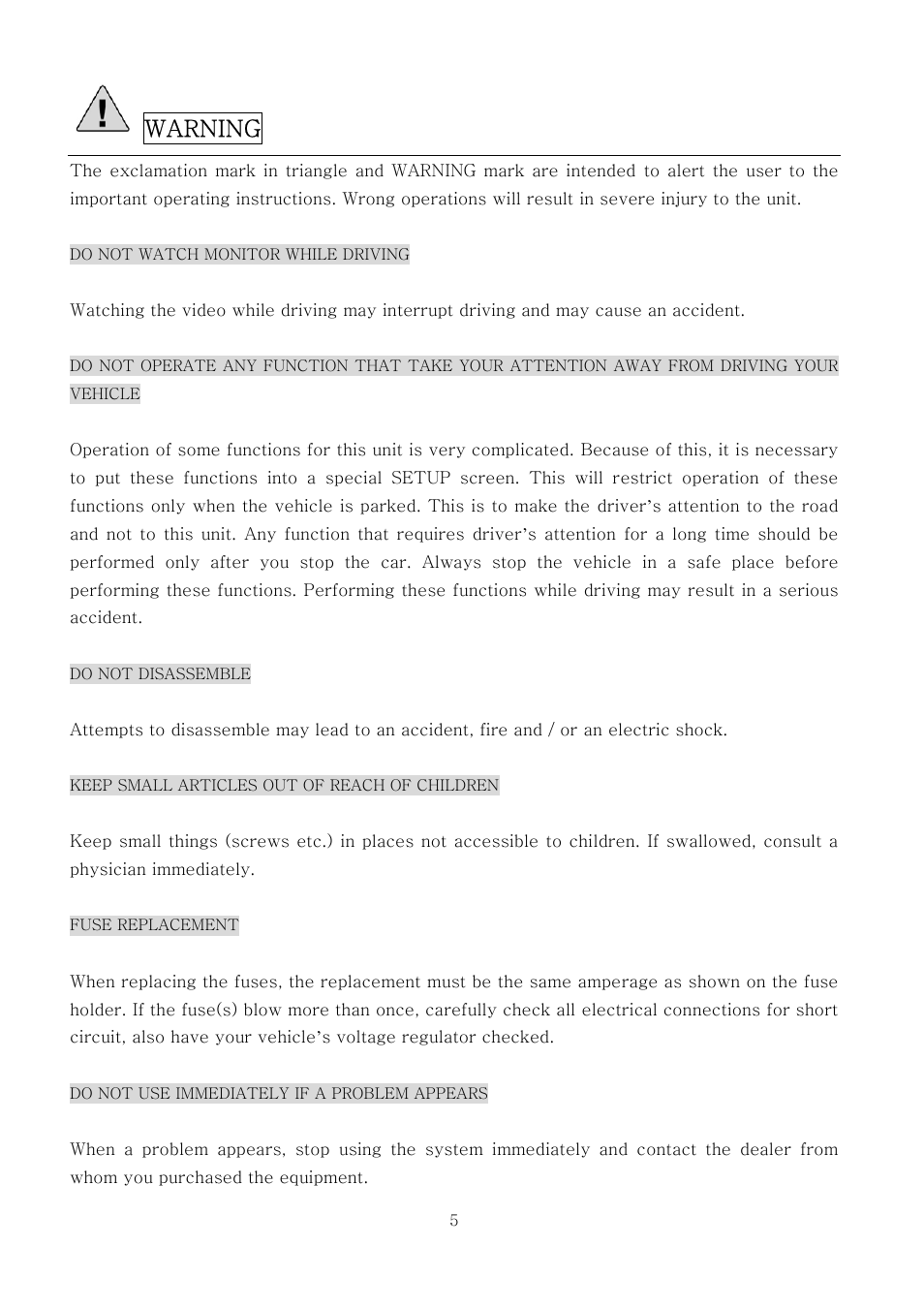 Warning | PYLE Audio PLTV7.5DIN User Manual | Page 5 / 31