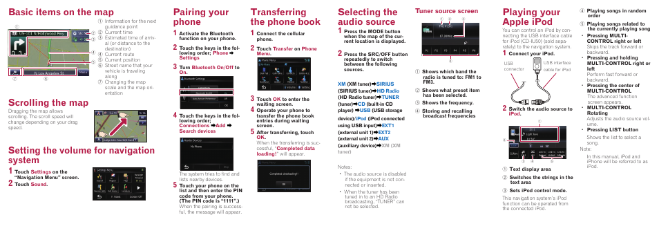 Basic items on the map, Pairing your phone, Transferring the phone book | Selecting the audio source, Playing your apple ipod, Tuner source screen | PYLE Audio AVIC-U310BT User Manual | Page 2 / 2