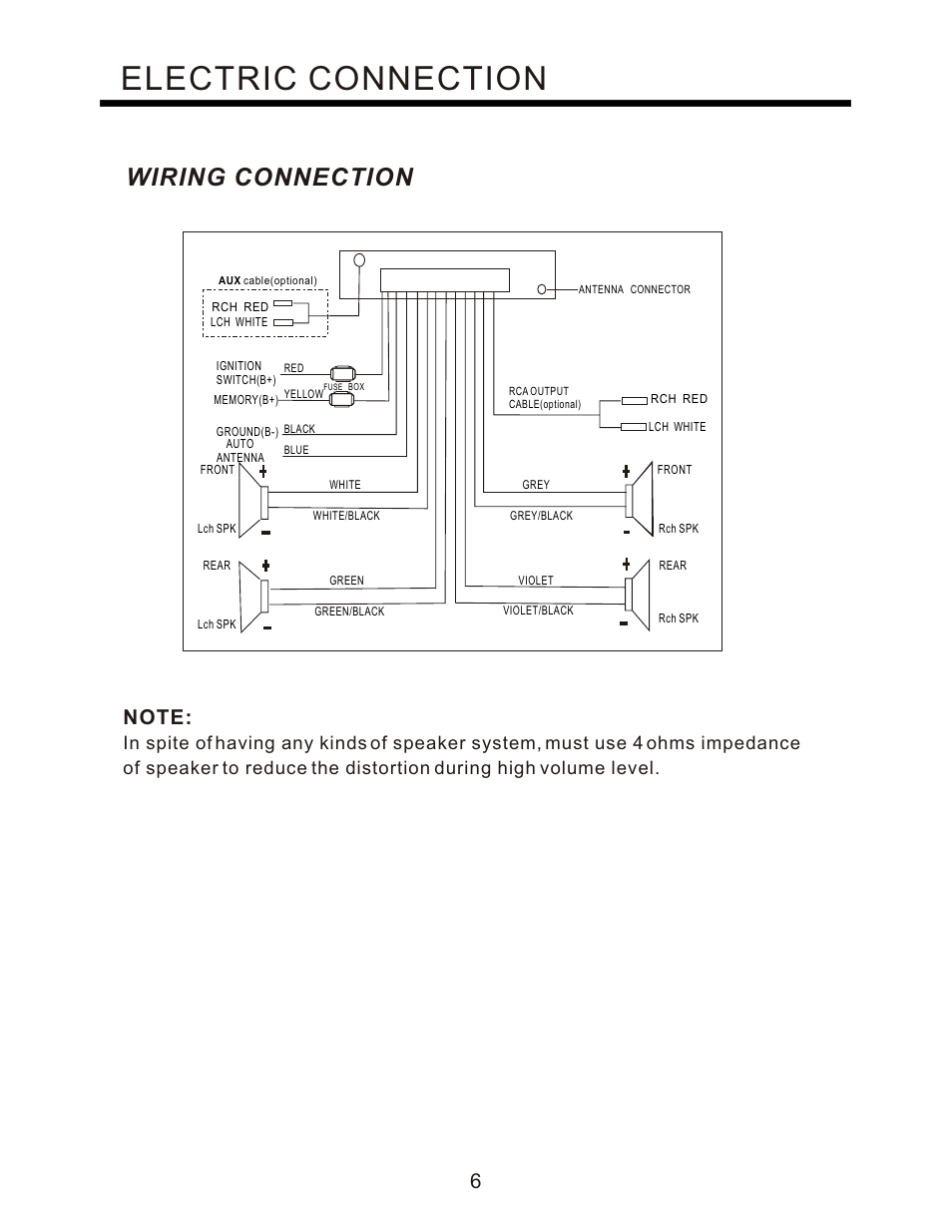 Electric connection, Wiring connection | PYLE Audio PLCD94M User Manual | Page 7 / 12