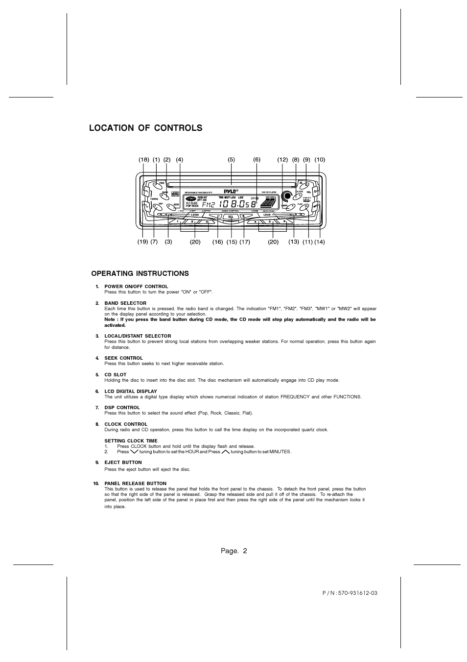 Location of controls, Page. 2, Operating instructions | PYLE Audio PLCG53 User Manual | Page 2 / 4