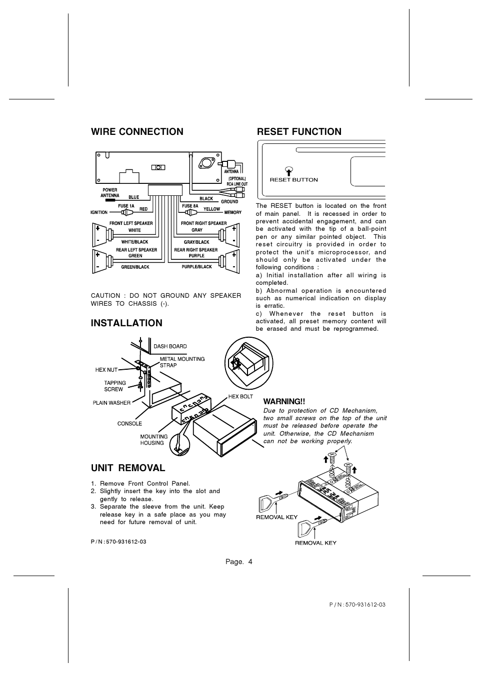 Wire connection, Reset function, Unit removal | Installation | PYLE Audio PLCG53 User Manual | Page 4 / 4