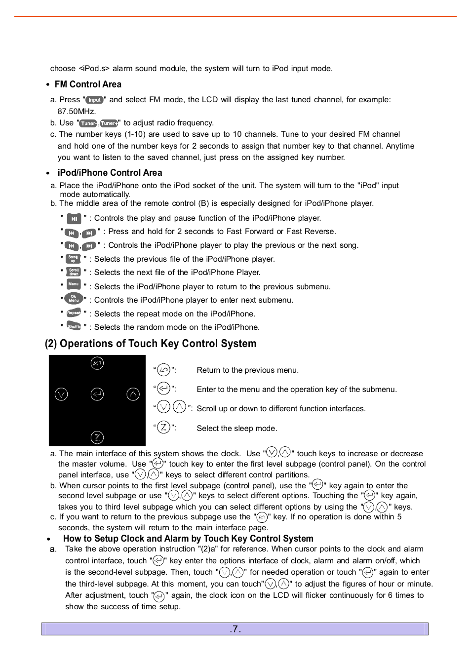 2) operations of touch key control system | PYLE Audio PHST90IBGL User Manual | Page 9 / 12