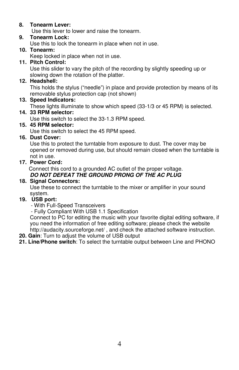 PYLE Audio PLTTB3U User Manual | Page 4 / 21