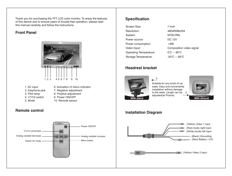 Front panel, Remote control, Specification | Headrest bracket, Installation diagram | PYLE Audio VIEW PLHR77 User Manual | Page 2 / 2