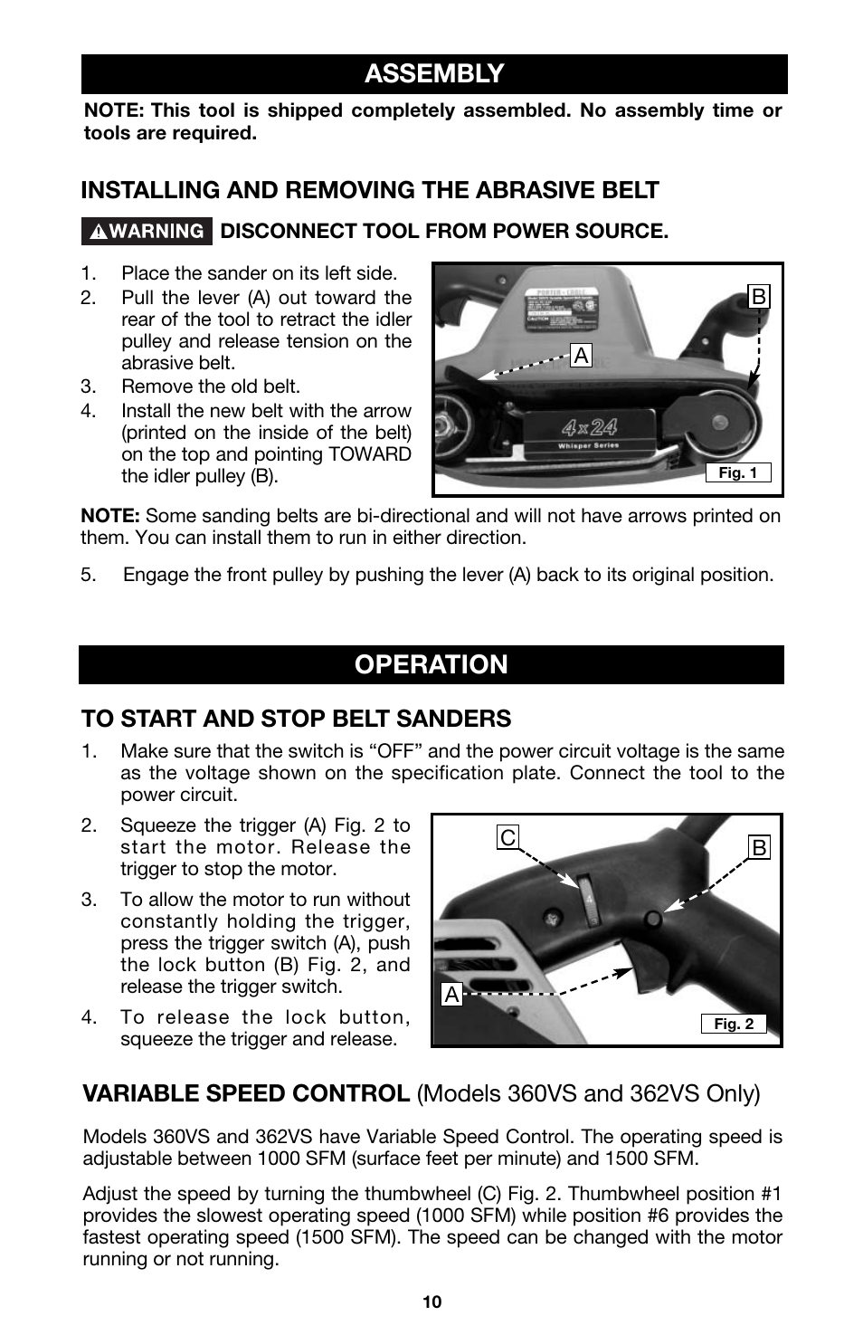 Assembly, Operation, Installing and removing the abrasive belt | PYLE Audio 363 User Manual | Page 10 / 17