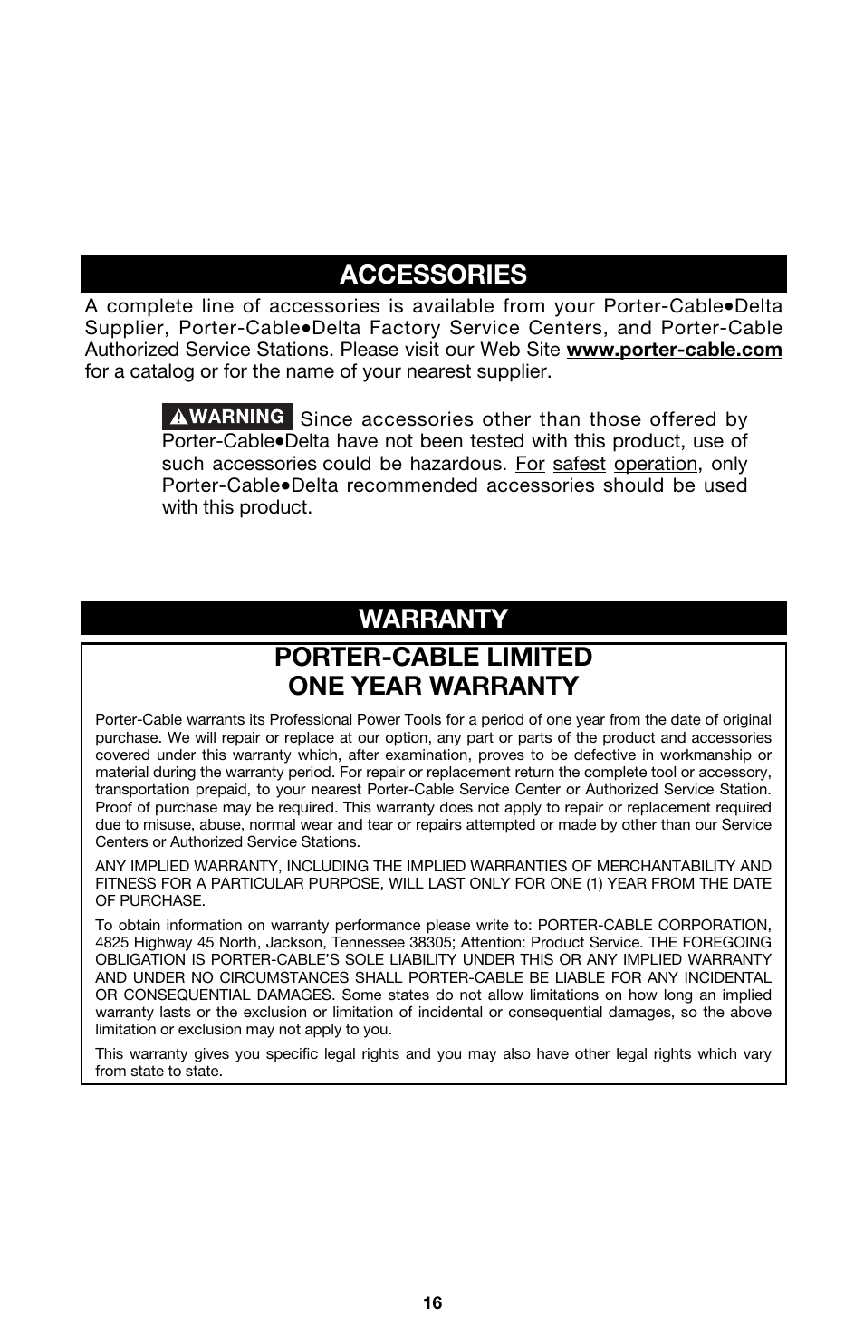Porter-cable limited one year warranty, Warranty, Accessories | PYLE Audio 363 User Manual | Page 16 / 17