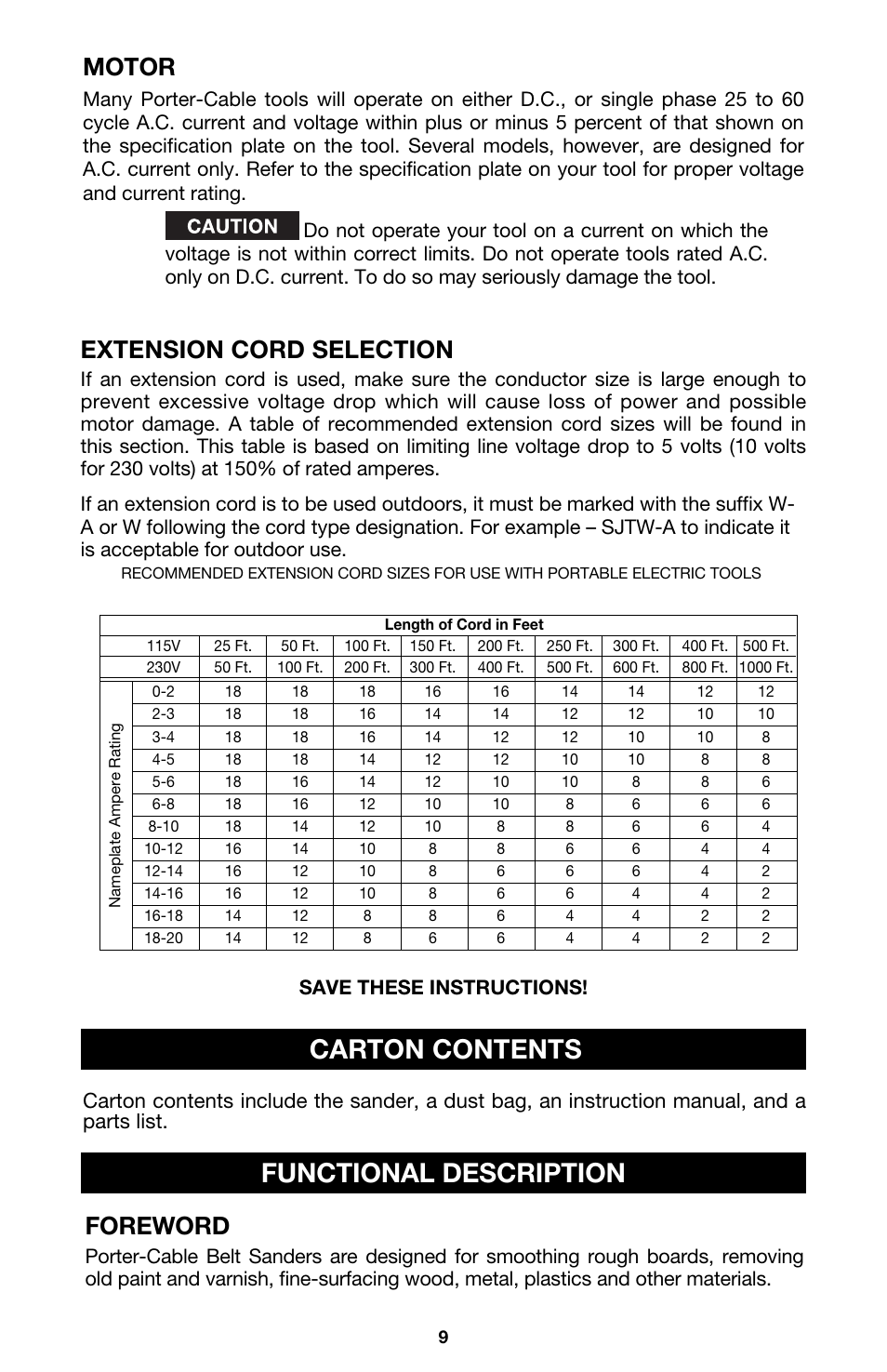 Carton contents, Functional description, Extension cord selection | Motor, Foreword, Save these instructions | PYLE Audio 363 User Manual | Page 9 / 17