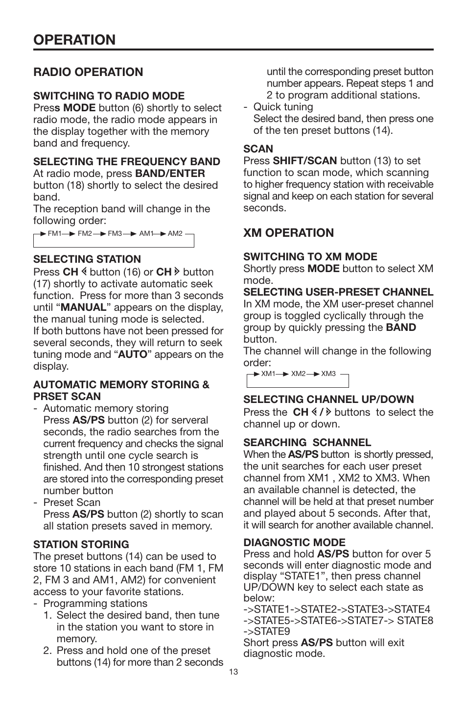 Operation, Radio operation, Xm operation | PYLE Audio PLCD19XMR User Manual | Page 13 / 18