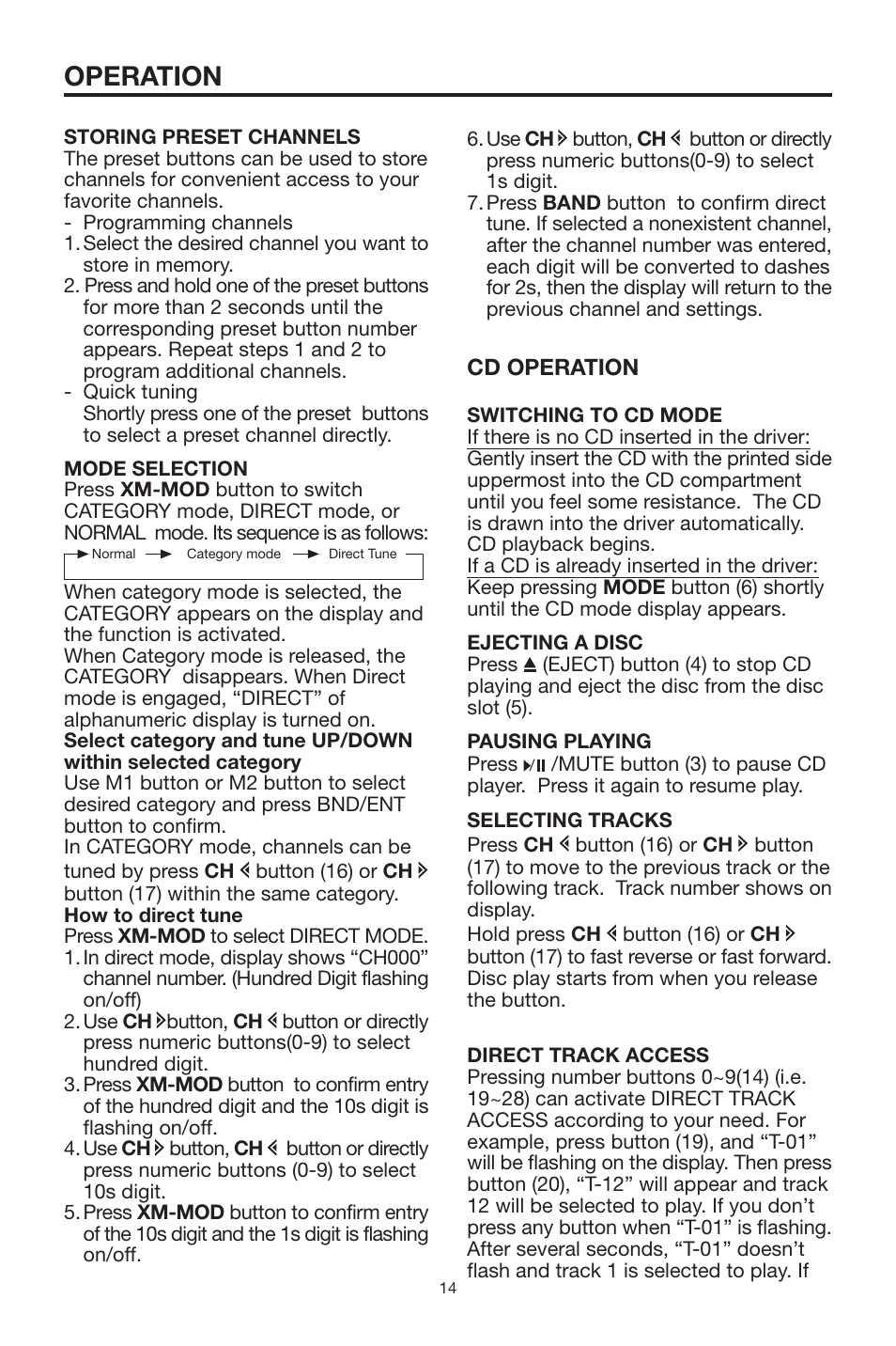 Operation, Cd operation | PYLE Audio PLCD19XMR User Manual | Page 14 / 18