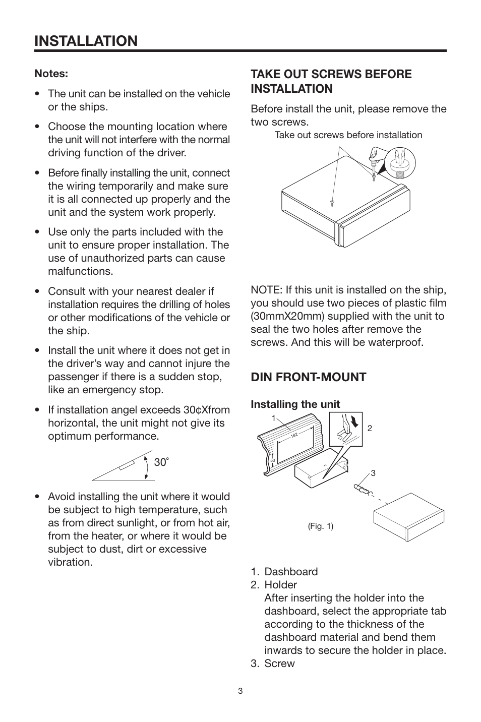 Installation, Take out screws before installation, Din front-mount | PYLE Audio PLCD19XMR User Manual | Page 3 / 18