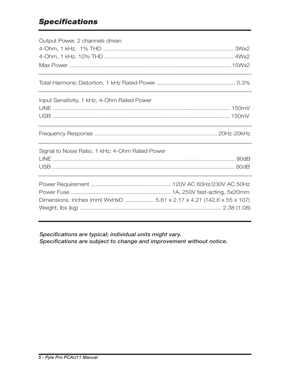 Specifications | PYLE Audio PCAU11 User Manual | Page 6 / 8