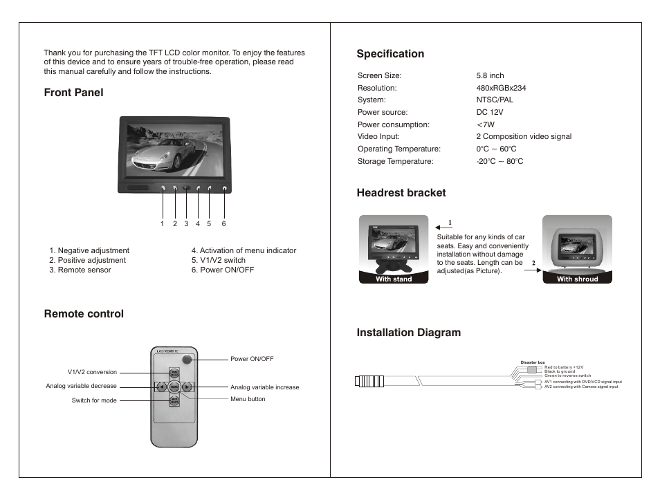 Front panel remote control, Specification, Headrest bracket | Installation diagram, Pl hr 58 | PYLE Audio PLHR58 User Manual | Page 2 / 2