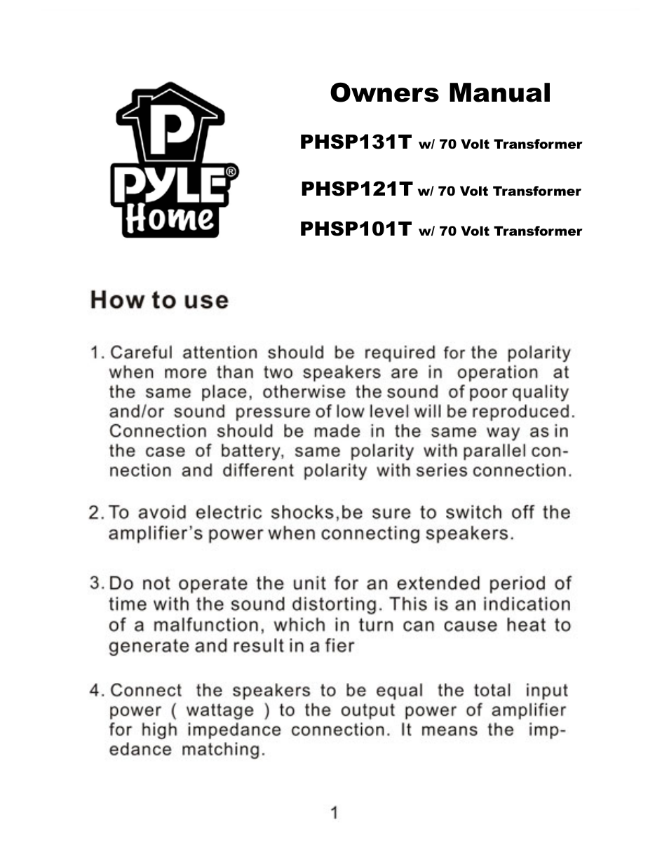 PYLE Audio PHSP101T User Manual | 3 pages