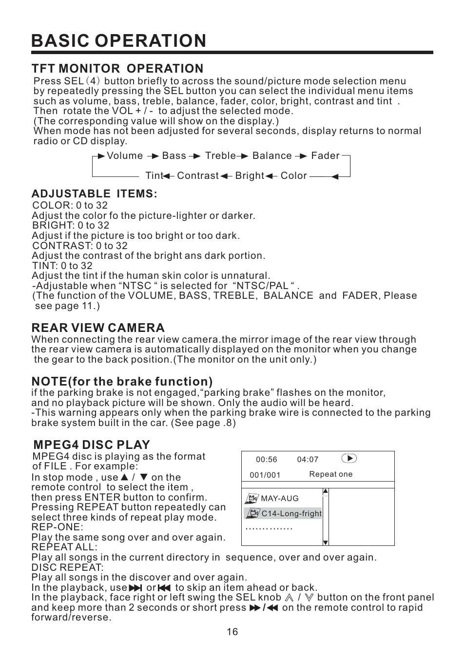 Basic operation, Rear view camera, Tft monitor operation | PYLE Audio Mobile Video System PLD41MUT User Manual | Page 17 / 26