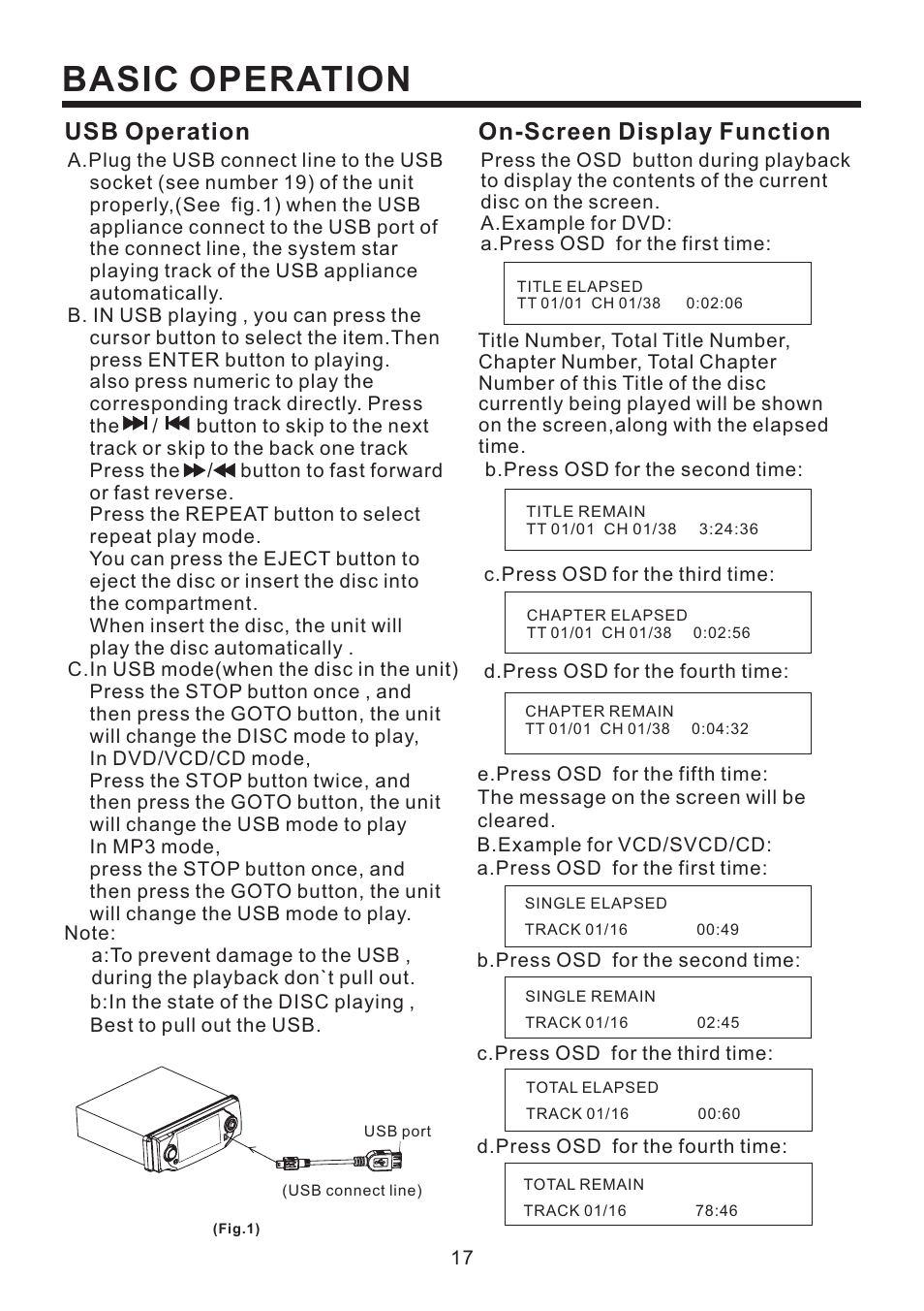 Basic operation, On-screen display function, Usb operation | PYLE Audio Mobile Video System PLD41MUT User Manual | Page 18 / 26