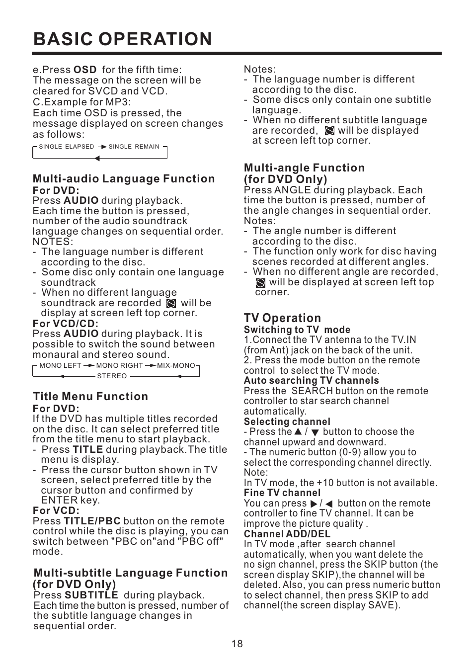 Basic operation, Tv operation | PYLE Audio Mobile Video System PLD41MUT User Manual | Page 19 / 26