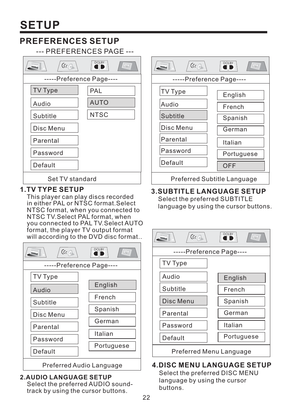 Setup, Preferences setup | PYLE Audio Mobile Video System PLD41MUT User Manual | Page 23 / 26