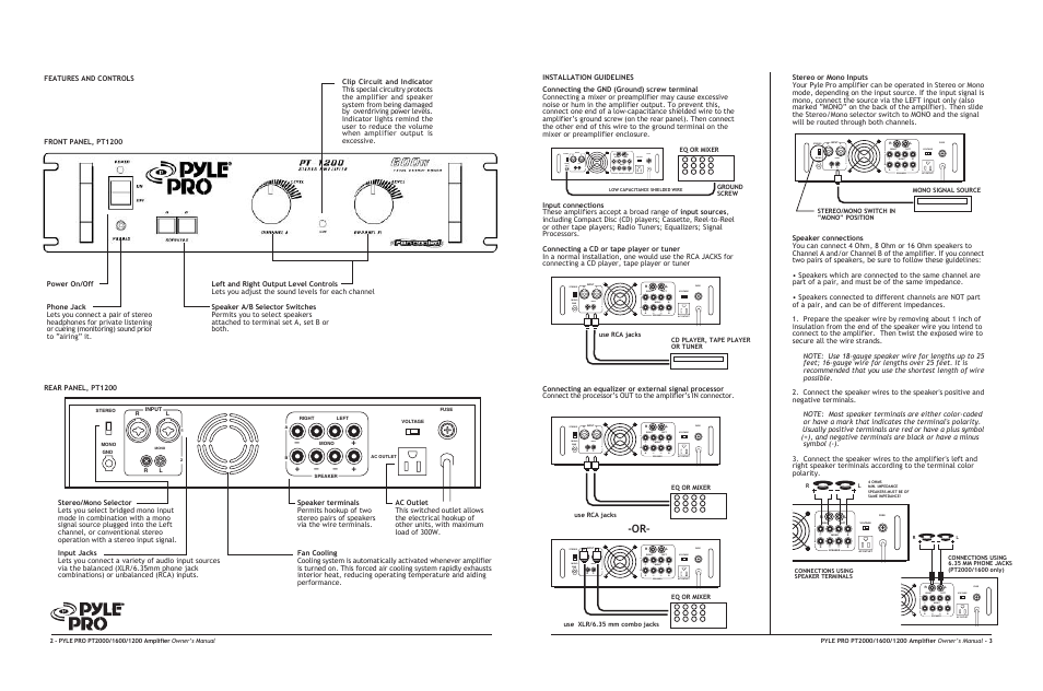 Mono, Eq or mixer use rca jacks, Eq or mixer use xlr/6.35 mm combo jacks | Cd player, tape player or tuner, Ground screw | PYLE Audio PT1200 User Manual | Page 3 / 4