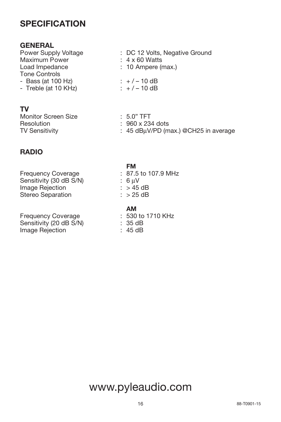Specification | PYLE Audio PLTVR5 User Manual | Page 16 / 16