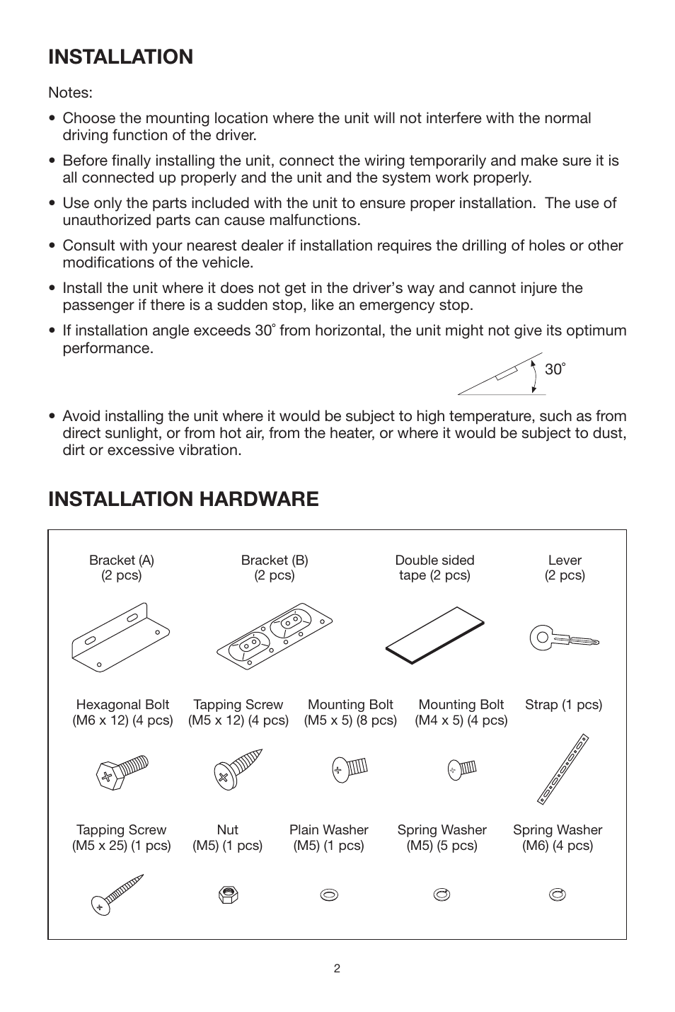 Installation, Installation hardware | PYLE Audio PLTVR5 User Manual | Page 2 / 16