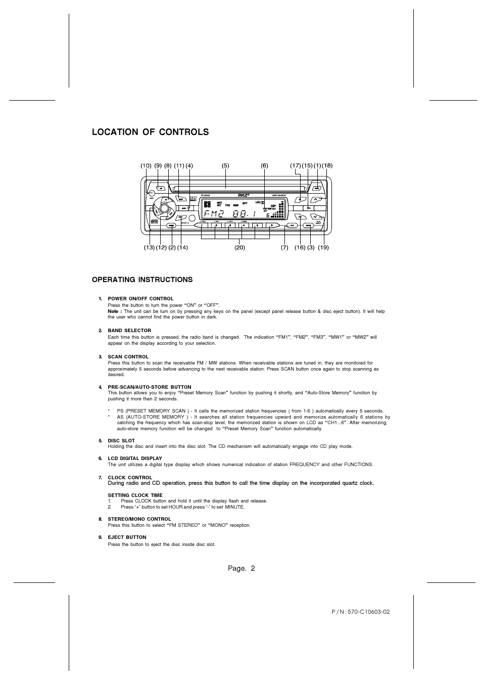 Location of controls, Page. 2, Operating instructions | PYLE Audio PLCD42 User Manual | Page 2 / 4