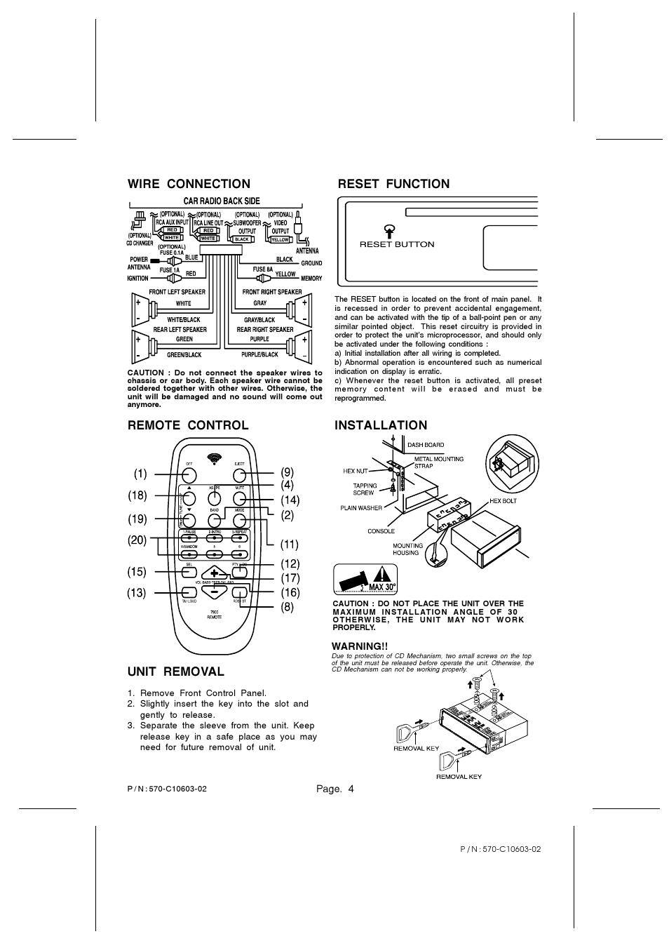Reset function installation unit removal, Remote control wire connection | PYLE Audio PLCD42 User Manual | Page 4 / 4