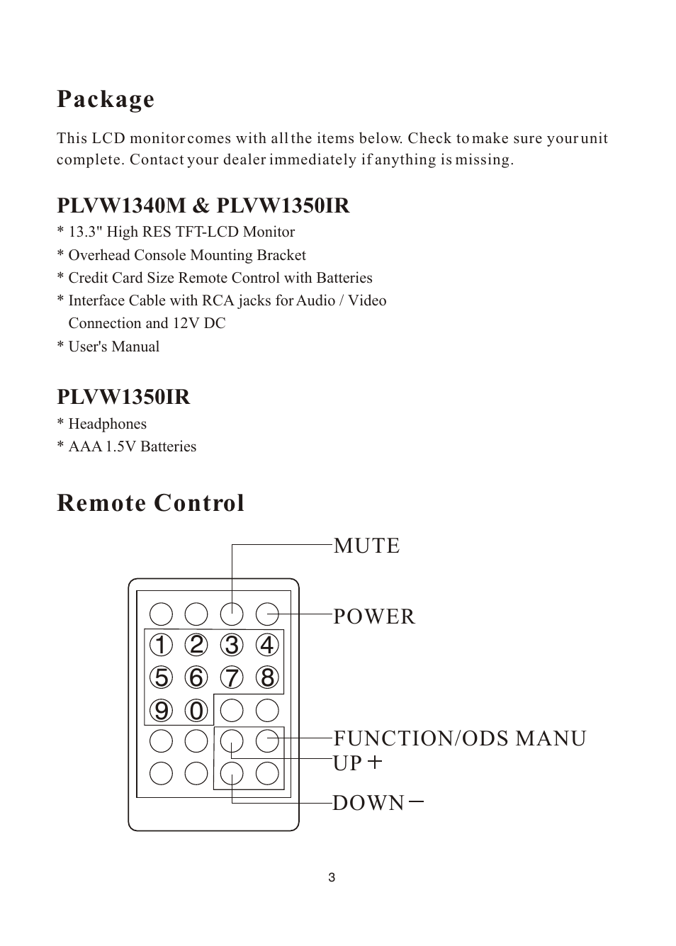 Package, Remote control, Plvw1350ir | Mute power function/ods manu up down | PYLE Audio PLVW1350IR User Manual | Page 4 / 12