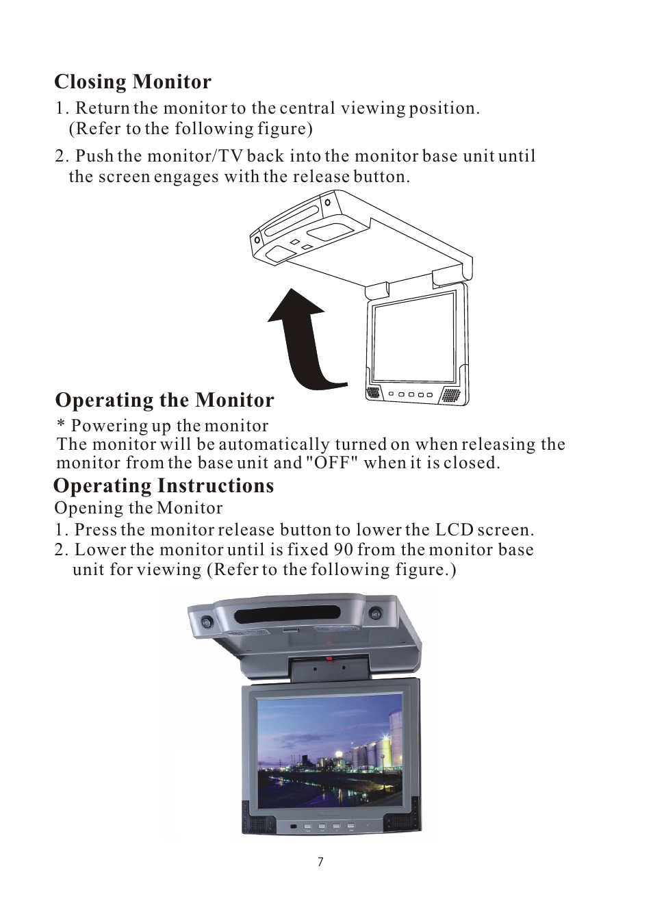 Closing monitor, Operating instructions, Operating the monitor | PYLE Audio PLVW1350IR User Manual | Page 8 / 12