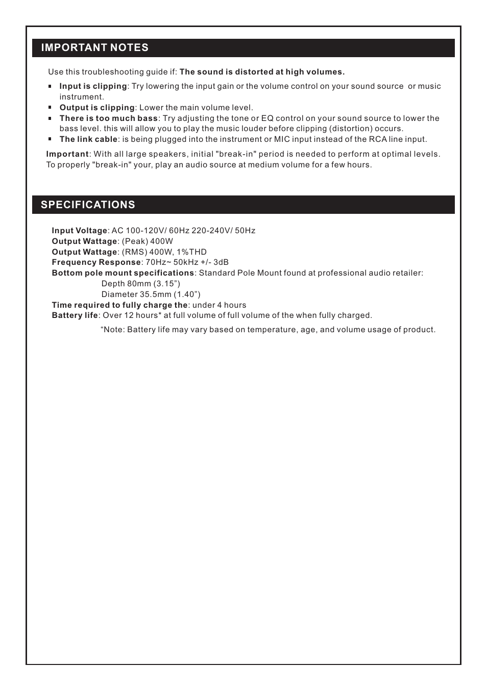 Specifications | PYLE Audio PCMX265W User Manual | Page 6 / 6
