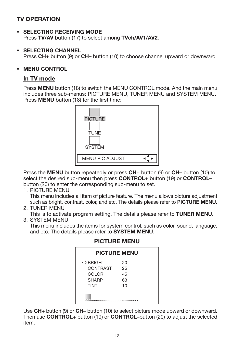 Tv operation, Picture menu | PYLE Audio PLPK5TVD User Manual | Page 12 / 20