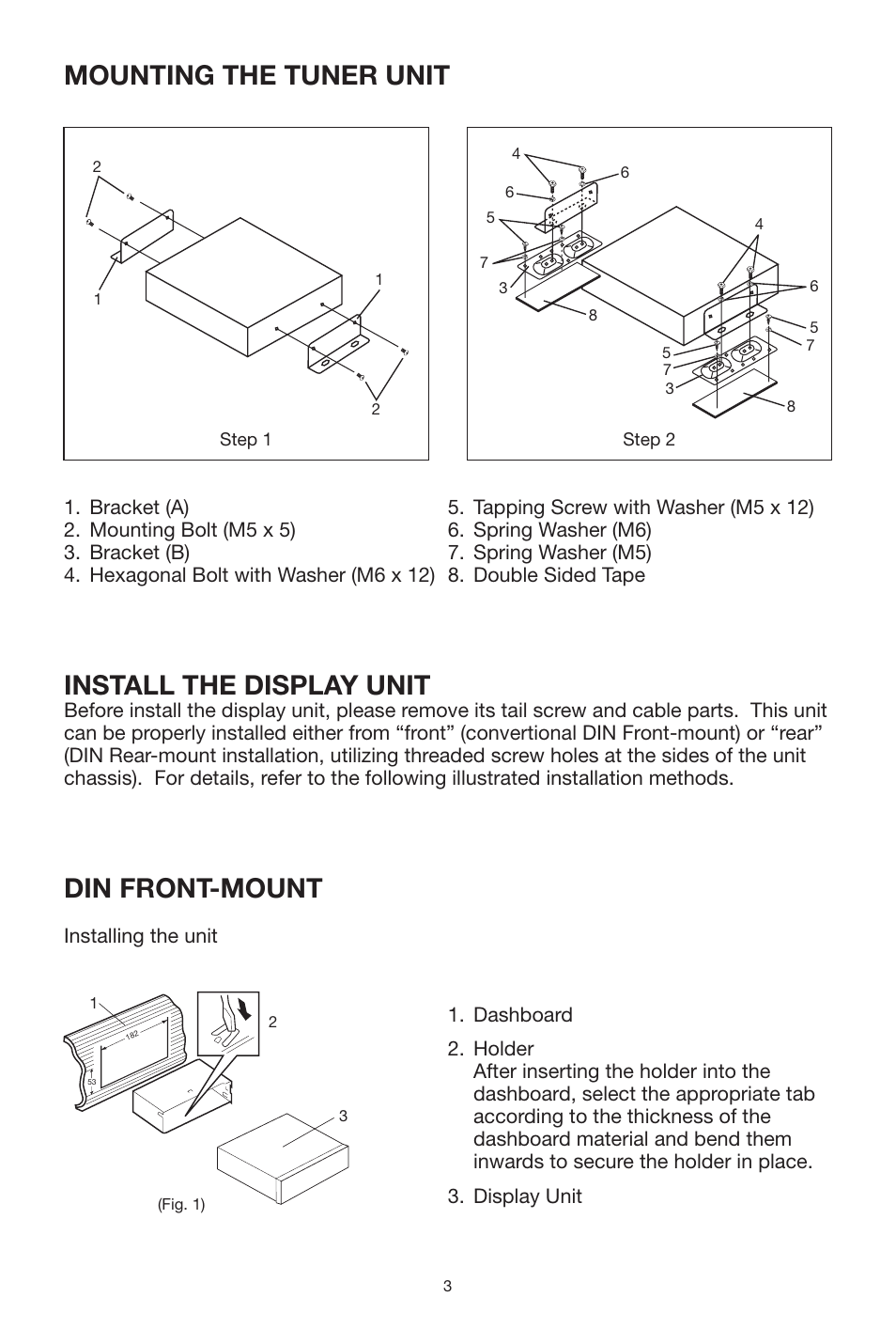 Mounting the tuner unit, Install the display unit, Din front-mount | PYLE Audio PLPK5TVD User Manual | Page 3 / 20