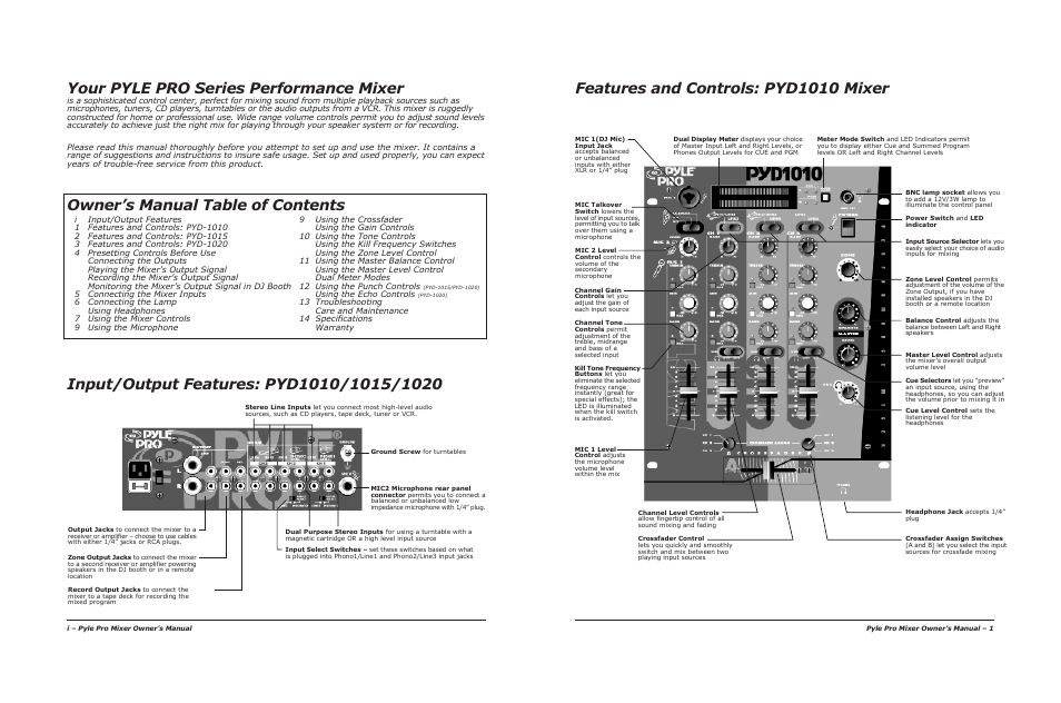 Your pyle pro series performance mixer, Features and controls: pyd1010 mixer, Owner’s manual table of contents | PYLE Audio 1020 User Manual | Page 2 / 8