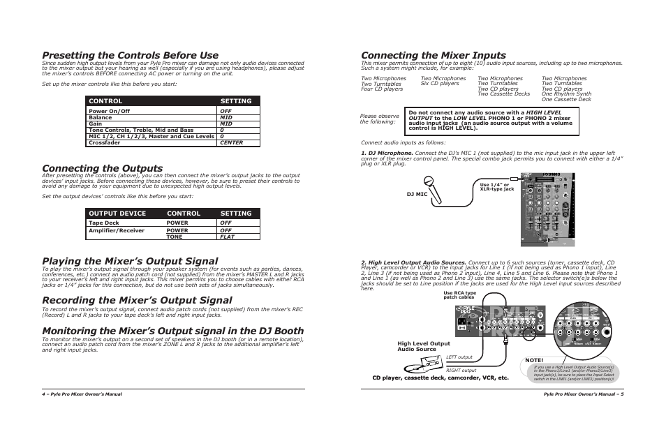 Presetting the controls before use, Playing the mixer’s output signal, Connecting the outputs | Connecting the mixer inputs | PYLE Audio 1020 User Manual | Page 4 / 8