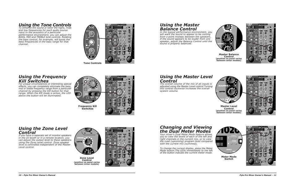 Using the master balance control, Using the master level control, Changing and viewing the dual meter modes | Using the tone controls, Using the frequency kill switches, Using the zone level control | PYLE Audio 1020 User Manual | Page 7 / 8