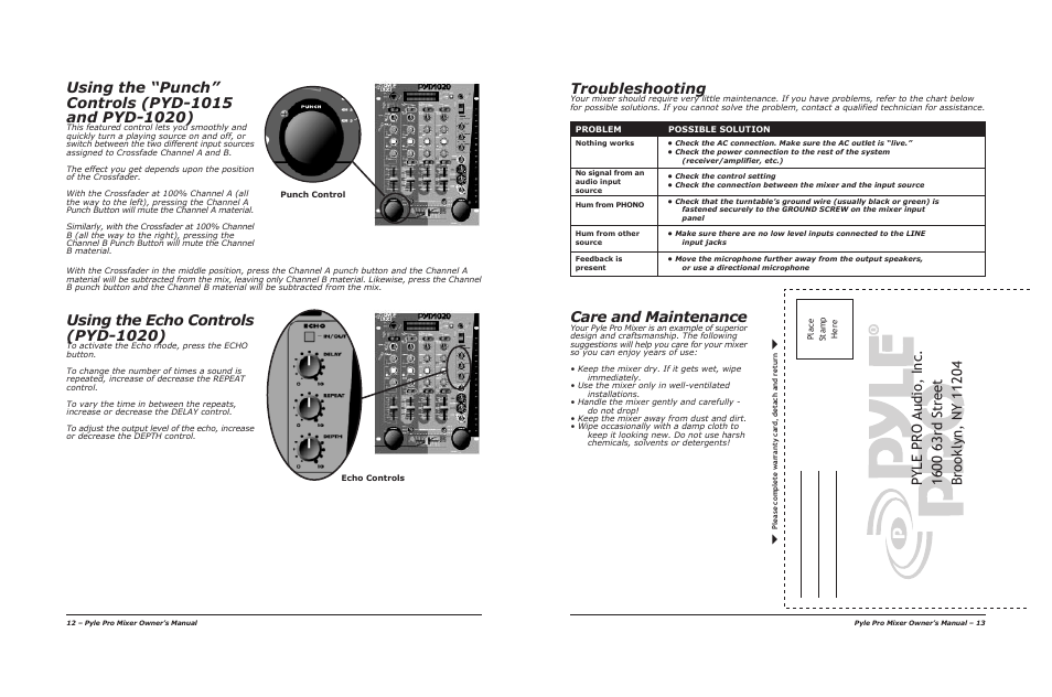 Troubleshooting, Care and maintenance, Using the echo controls (pyd-1020) | PYLE Audio 1020 User Manual | Page 8 / 8