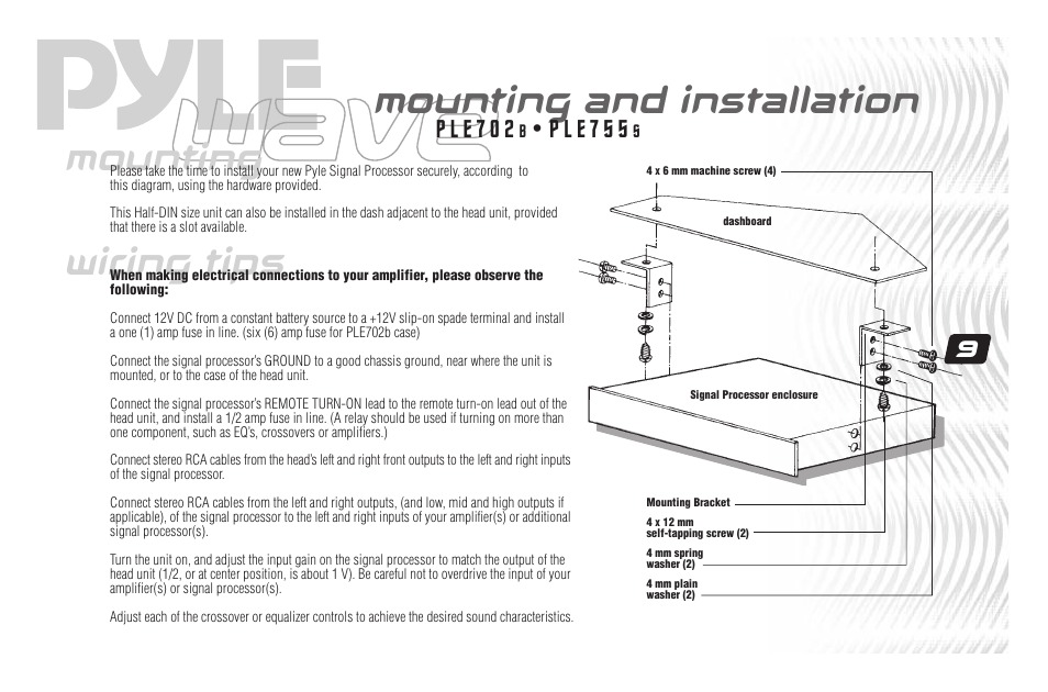 Wiring tips, Mounting and installation, Mounting | P l e 7 0 2, P l e 7 5 5 | PYLE Audio PLE702B User Manual | Page 11 / 16