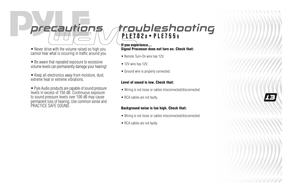 Troubleshooting, Precautions, P l e 7 0 2 | P l e 7 5 5 | PYLE Audio PLE702B User Manual | Page 15 / 16