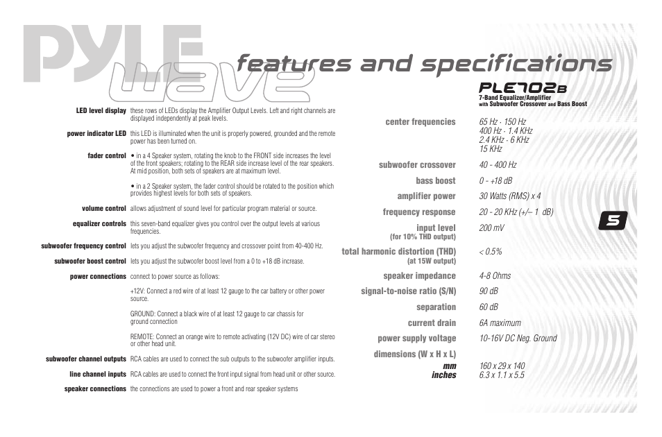 Features and specifications, Ple702 | PYLE Audio PLE702B User Manual | Page 7 / 16