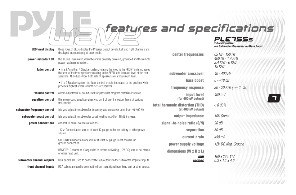 Features and specifications, Ple755 | PYLE Audio PLE702B User Manual | Page 9 / 16