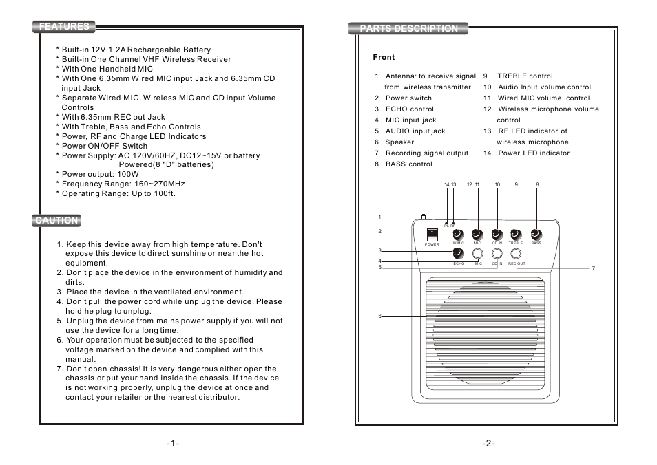 Т³гж 2, Caution parts description, Features | PYLE Audio PWMA110 User Manual | Page 2 / 4