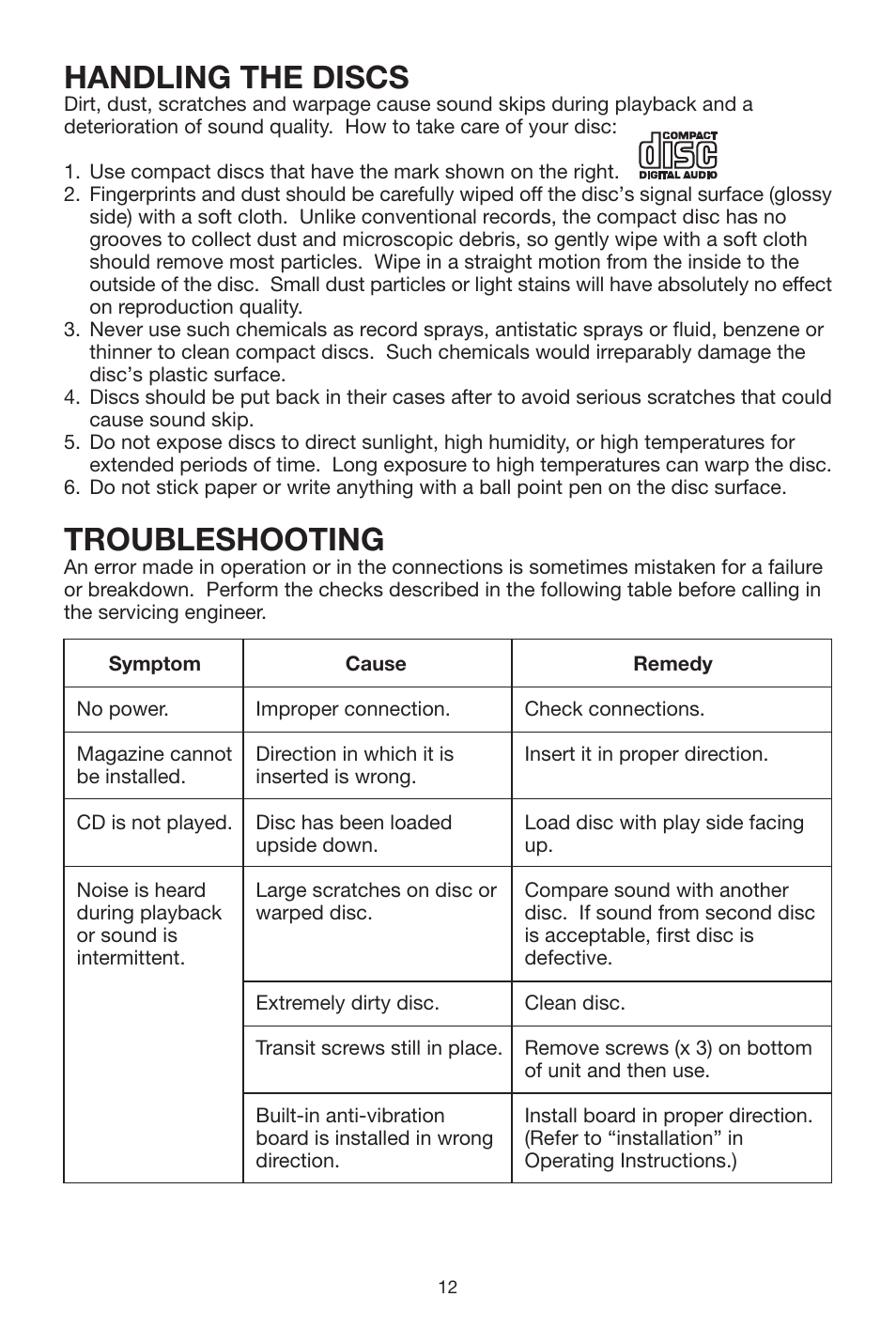Handling the discs, Troubleshooting | PYLE Audio PLCD20CH User Manual | Page 12 / 24