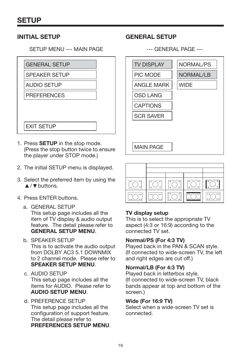 Setup, Initial setup, General setup | PYLE Audio PLTVD5P User Manual | Page 19 / 26