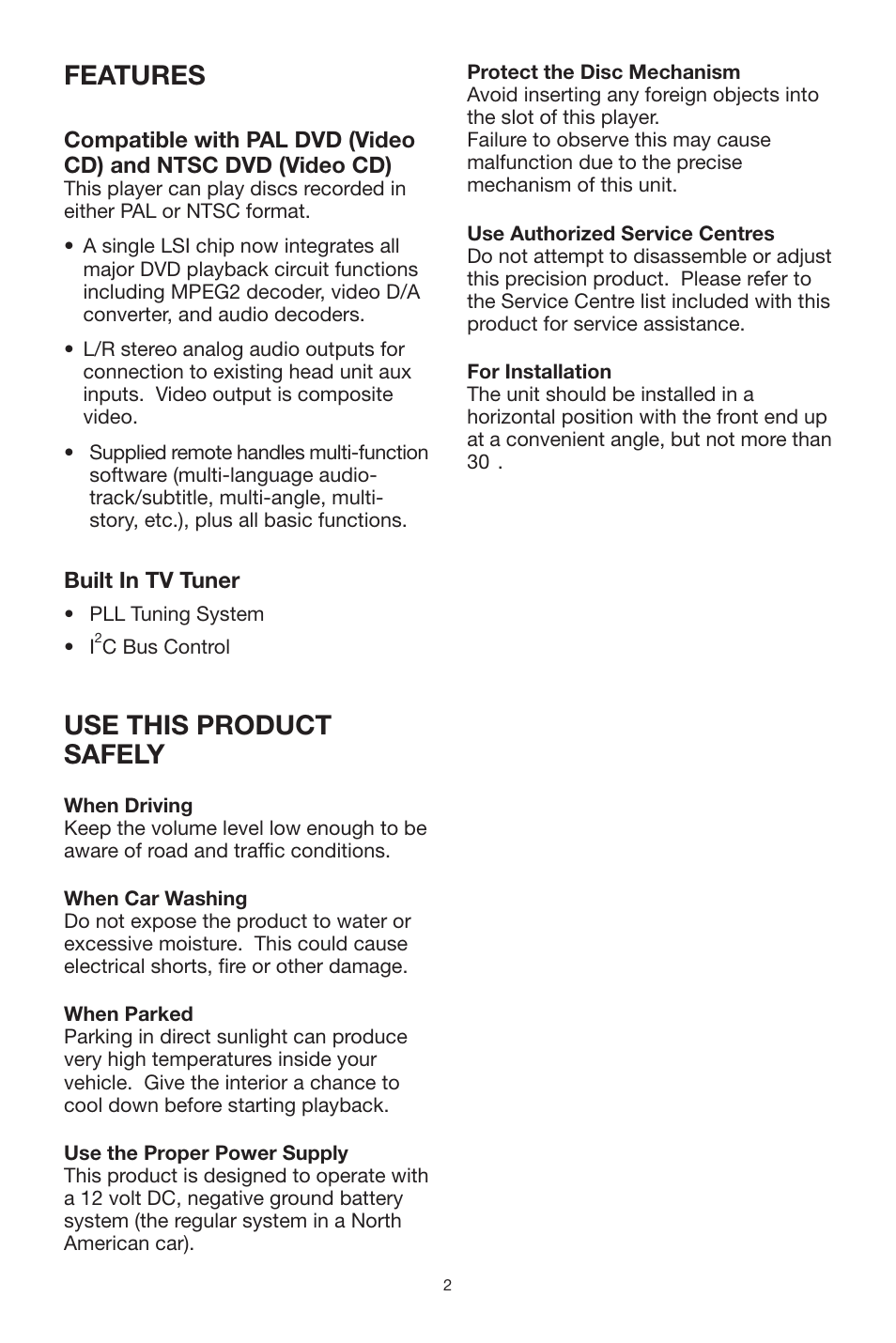 Features, Use this product safely | PYLE Audio PLTVD5P User Manual | Page 2 / 26
