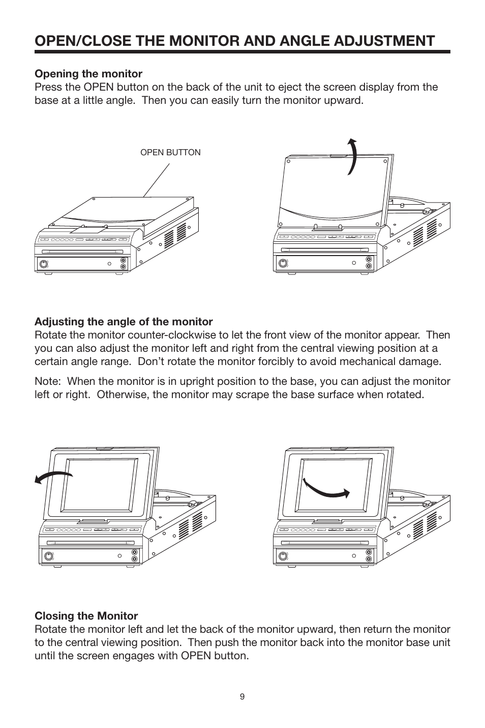 Open/close the monitor and angle adjustment | PYLE Audio PLTVD5P User Manual | Page 9 / 26
