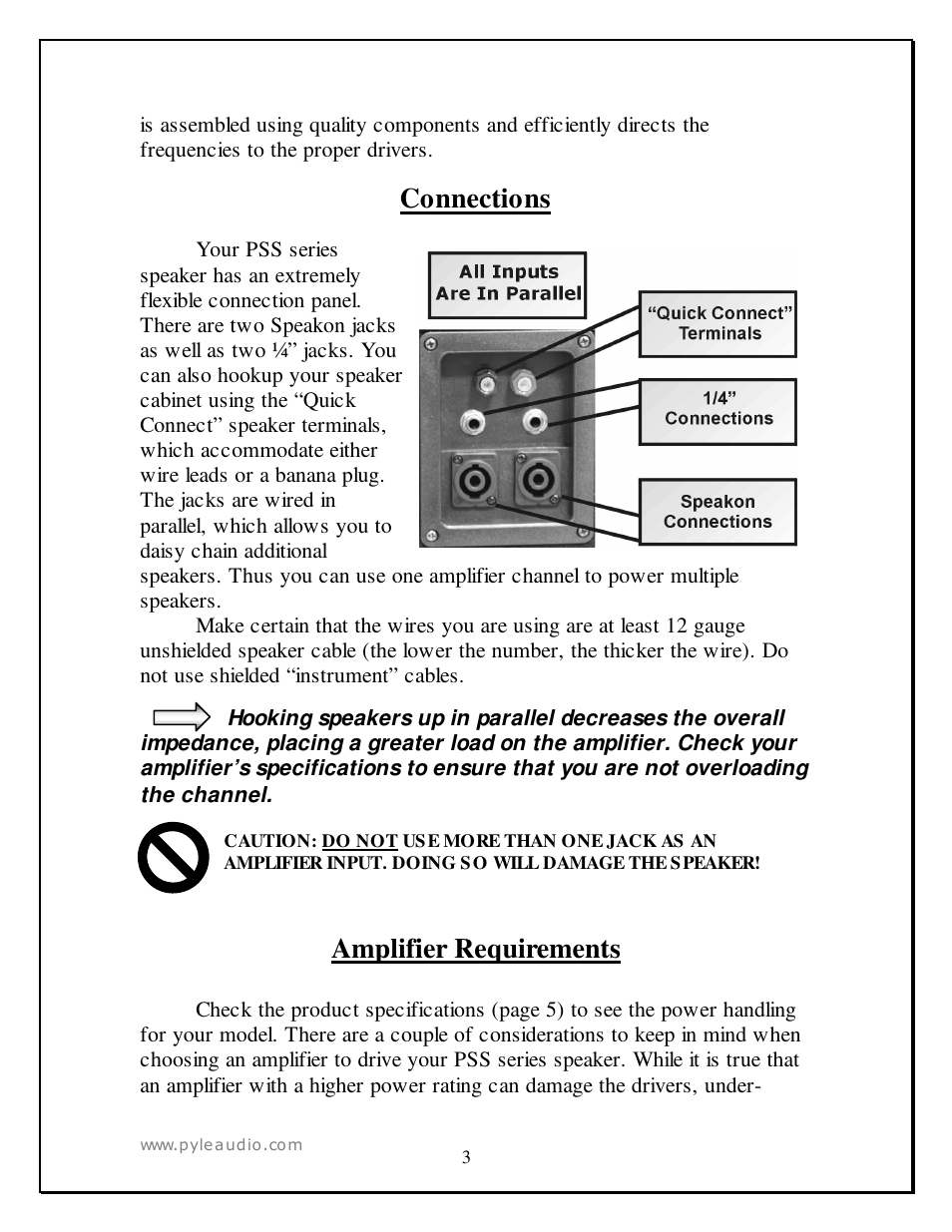 Connections, Amplifier requirements | PYLE Audio PSS1542 User Manual | Page 3 / 7