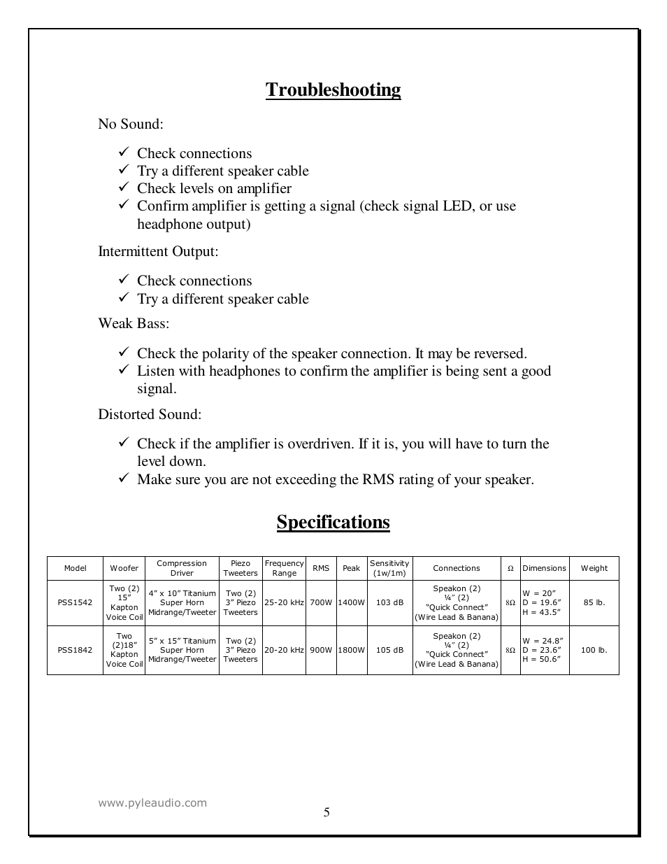 Troubleshooting, Specifications | PYLE Audio PSS1542 User Manual | Page 5 / 7